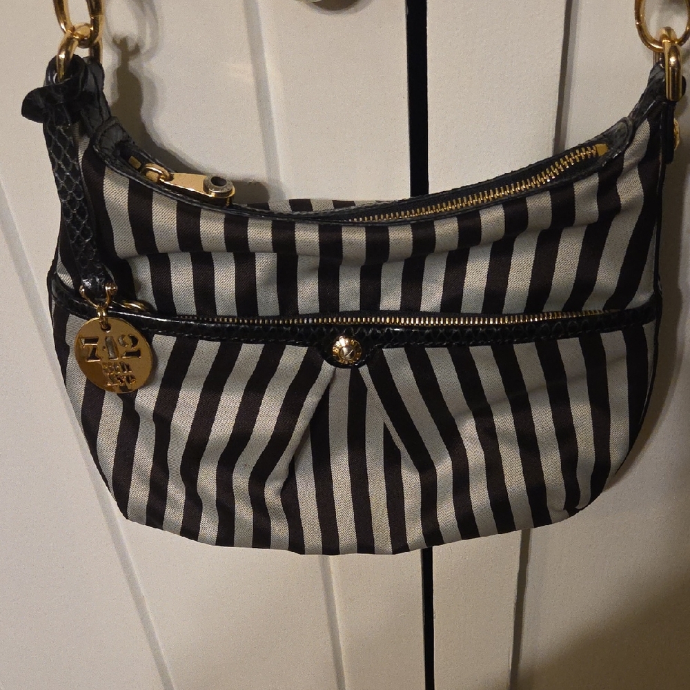 Henri Bendel Striped Brown and Gray Crossbody Bag W Signature gold Tone Tag